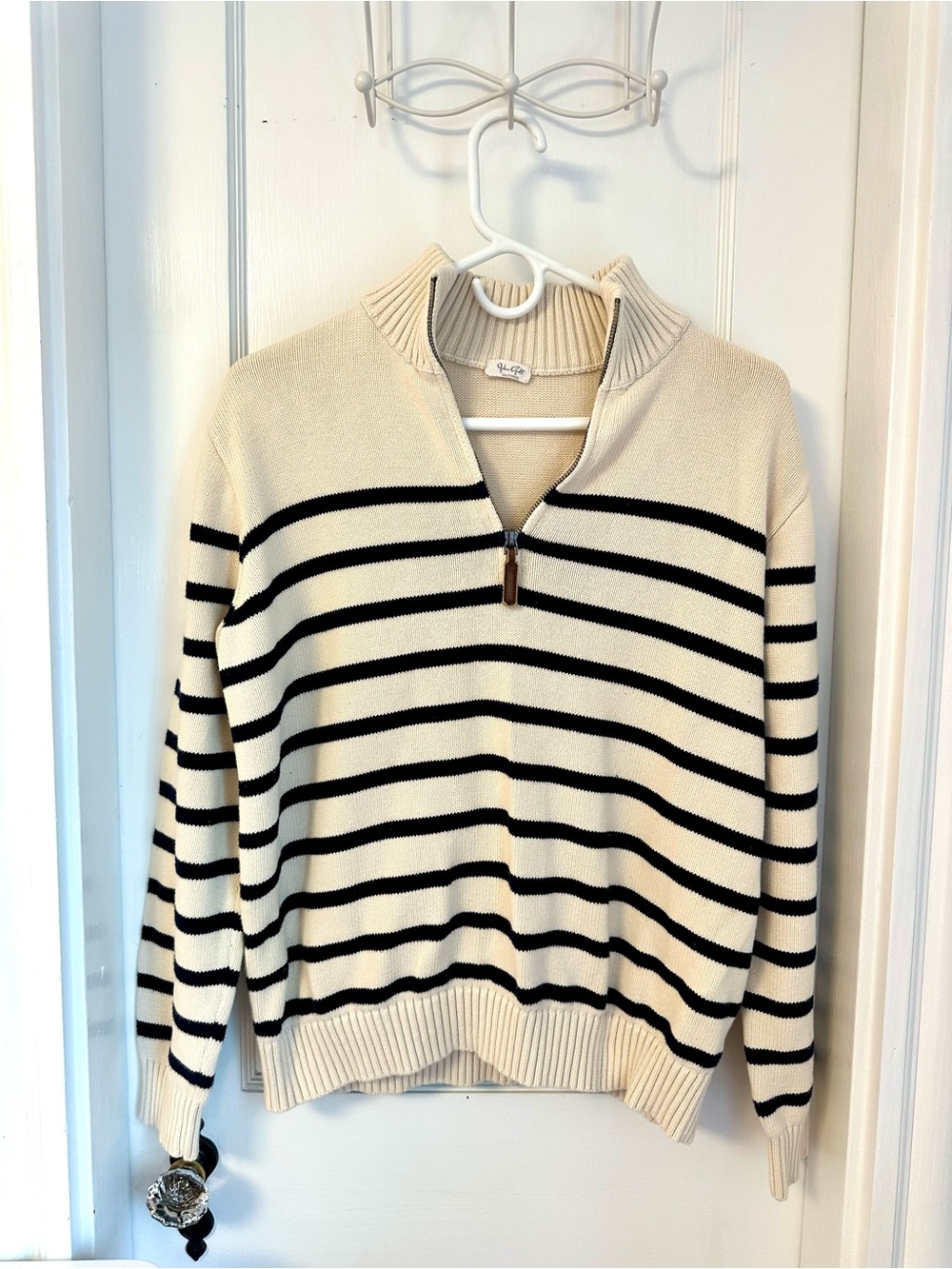 Brandy Melville/John Galt Cream and Black Striped Quarter-Zip Sweater